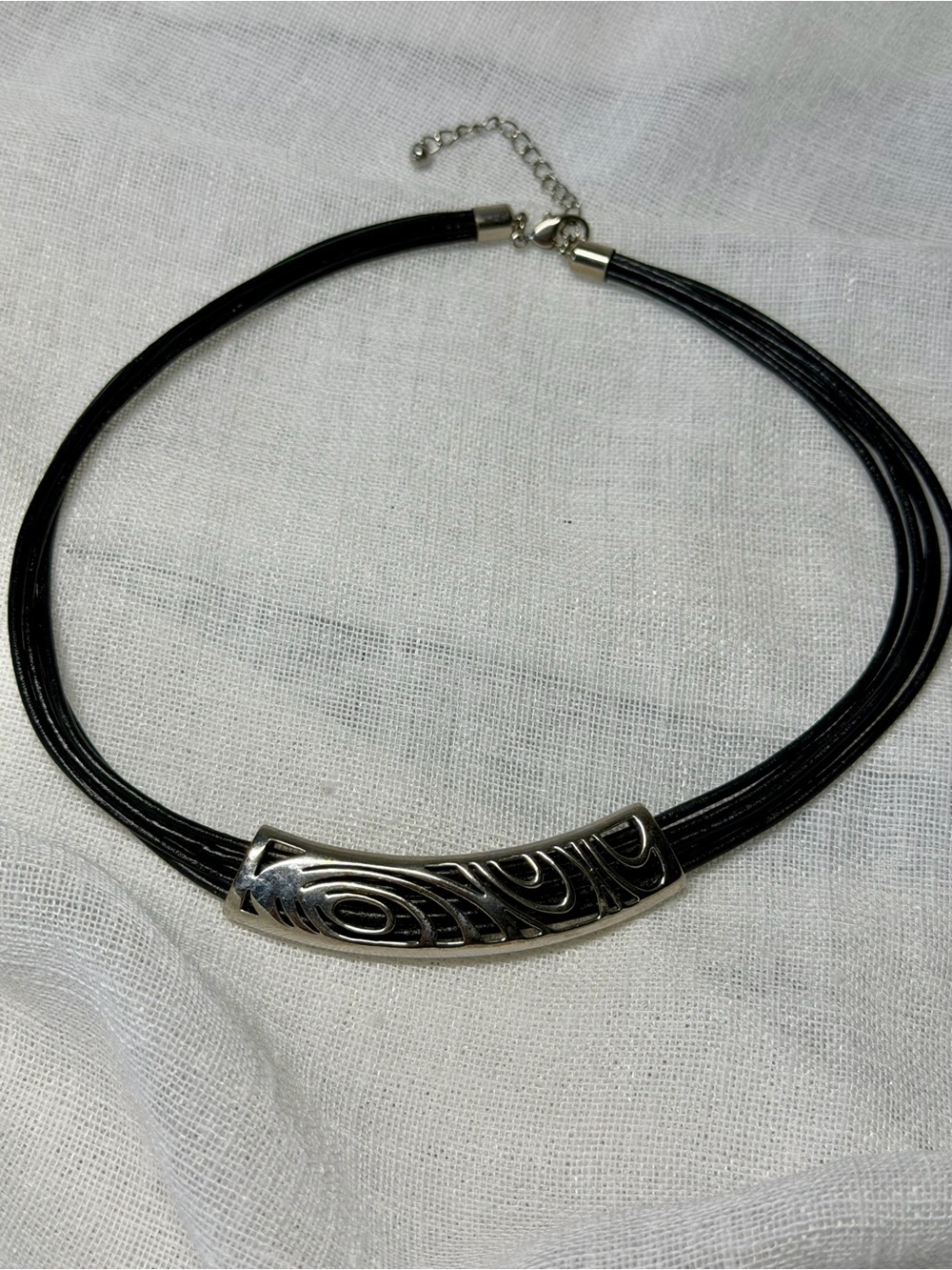Vintage Style Chunky Silver Engraved Curve Focal Multi Strand Black Cord Choker